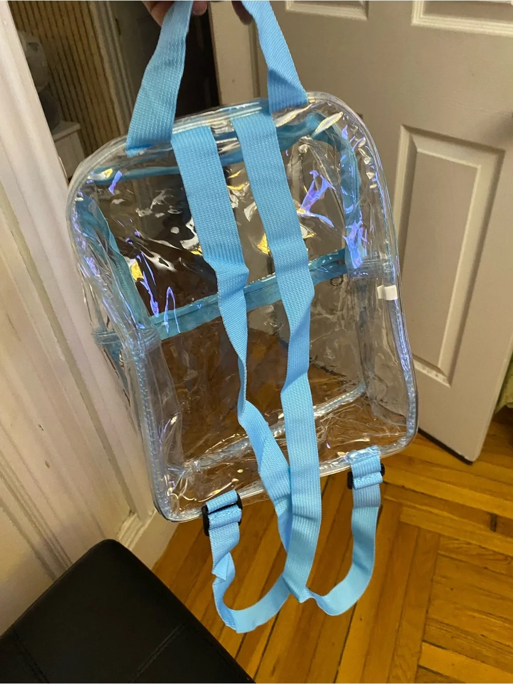 Clear PVC Backpack with Light Blue Trim,women's adjustable bag